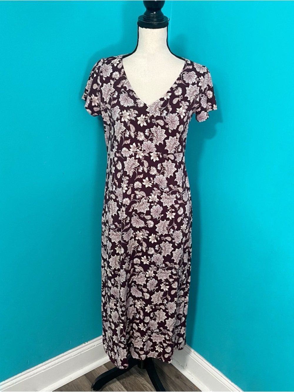 J. Jill XS Burgundy Floral Print V-Neck Short Sleeve A-Line Dress